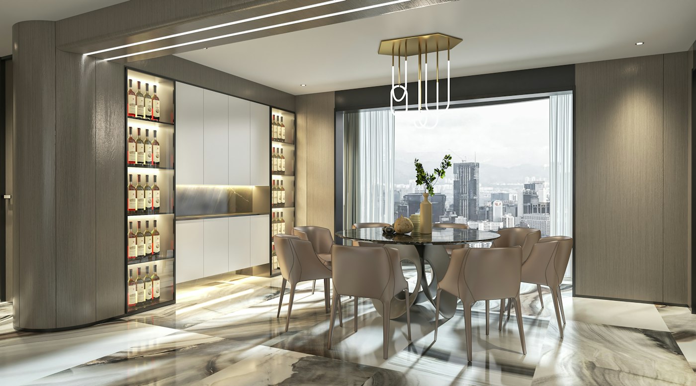 Dining table by a window with city views